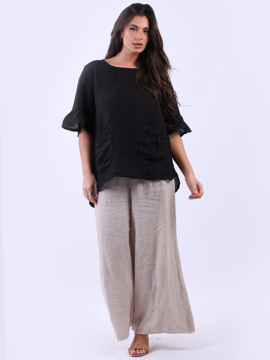 Women Solid Linen Top Black