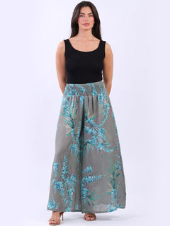 Tropical Print Linen Palazzo Khaki