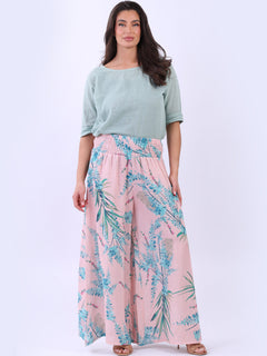 Tropical Print Linen Palazzo Pink