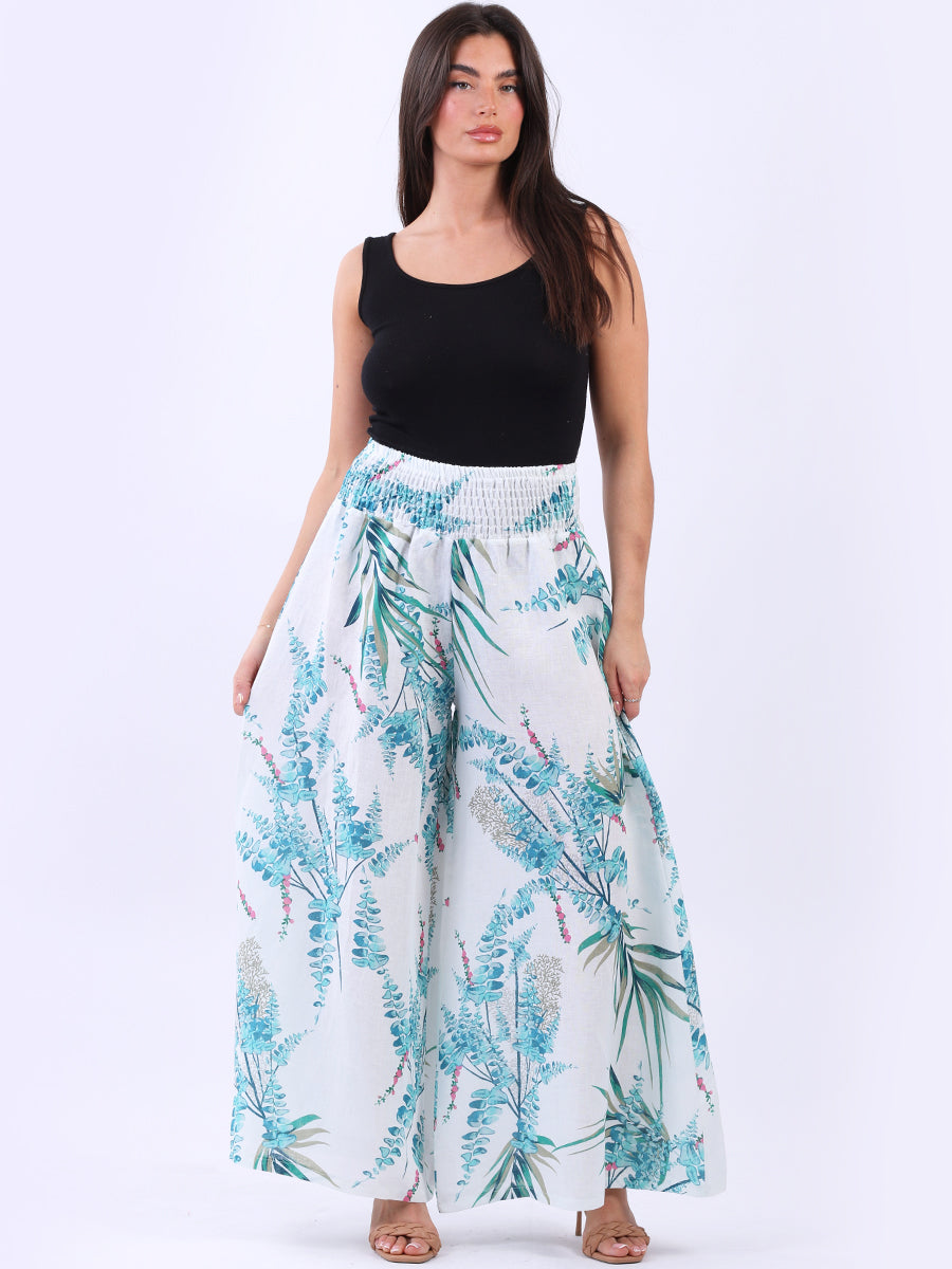 Tropical Print Linen Palazzo White