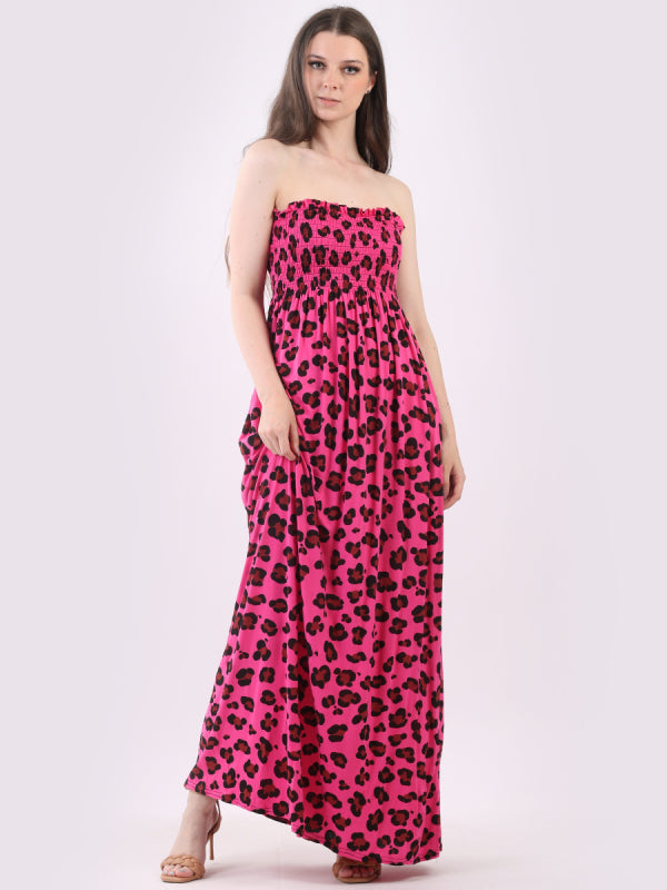 Shirred Leopard Print Tube Maxi Dress