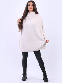 Cowl Neck Batwing Knitted Poncho Beige 