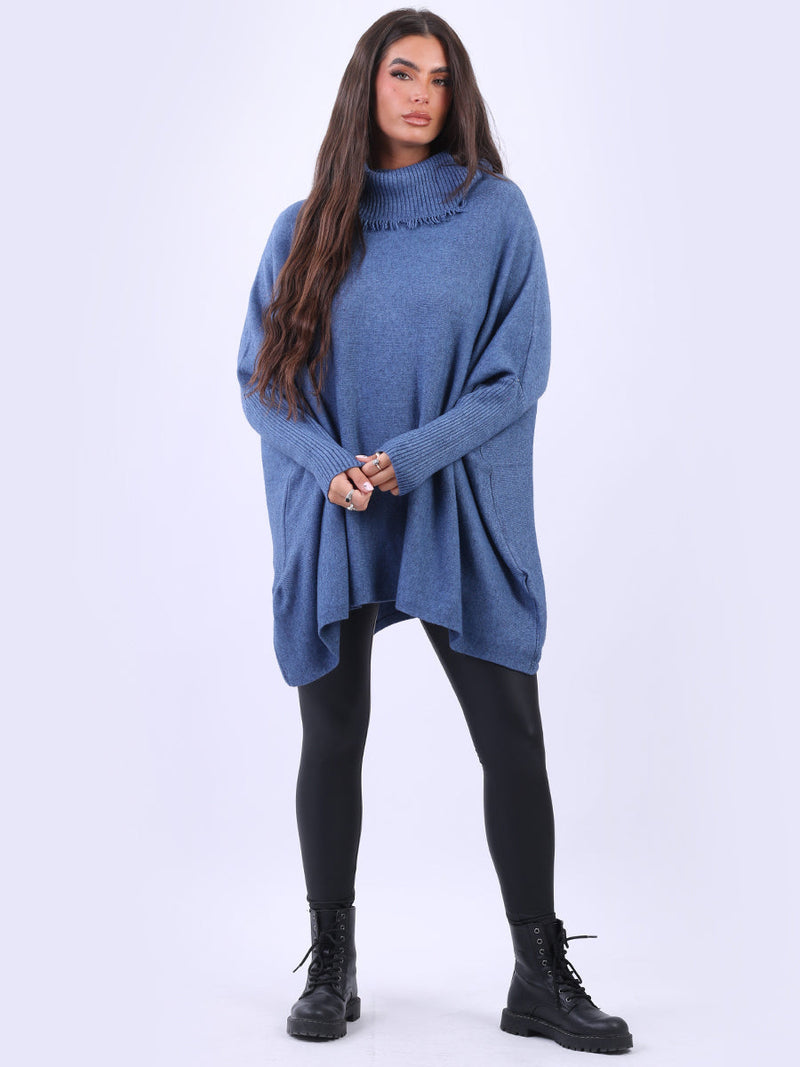 Cowl Neck Batwing Knitted Poncho Denim