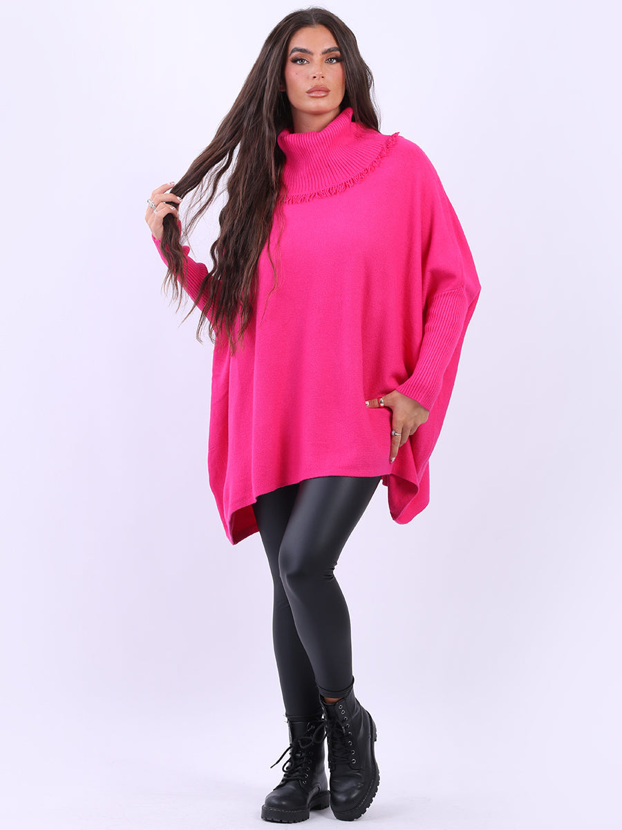Cowl Neck Batwing Knitted Poncho Fuchsia