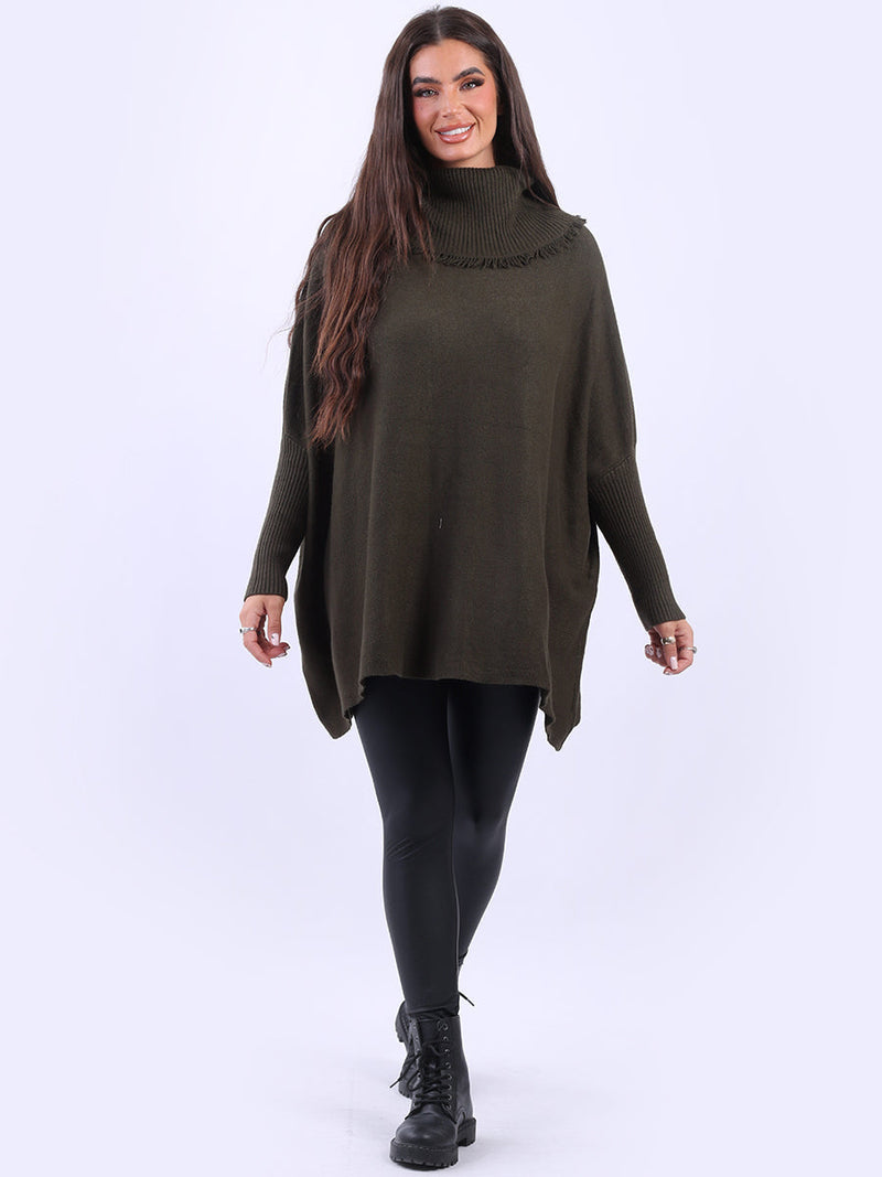 Cowl Neck Batwing Knitted Poncho Khaki