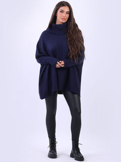 Cowl Neck Batwing Knitted Poncho Navy