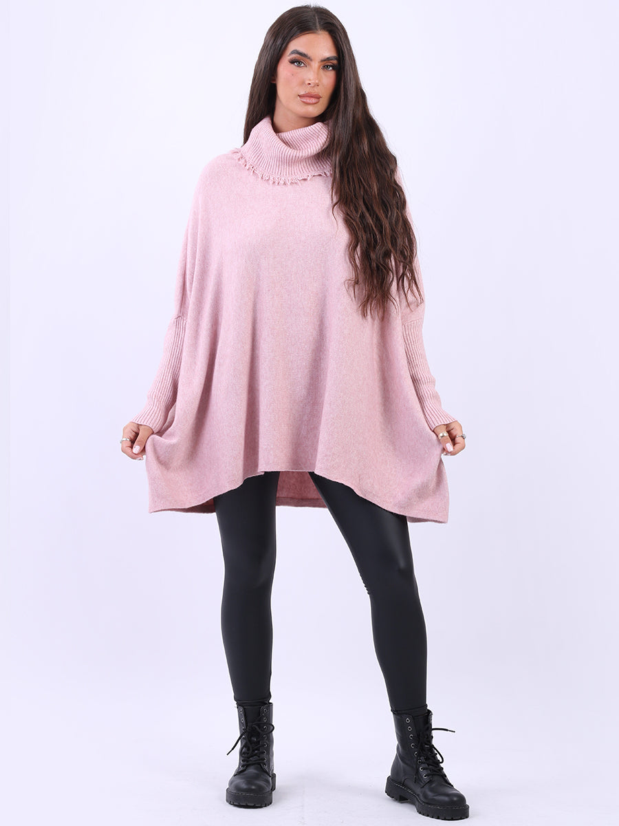 Cowl Neck Batwing Knitted Poncho Pink