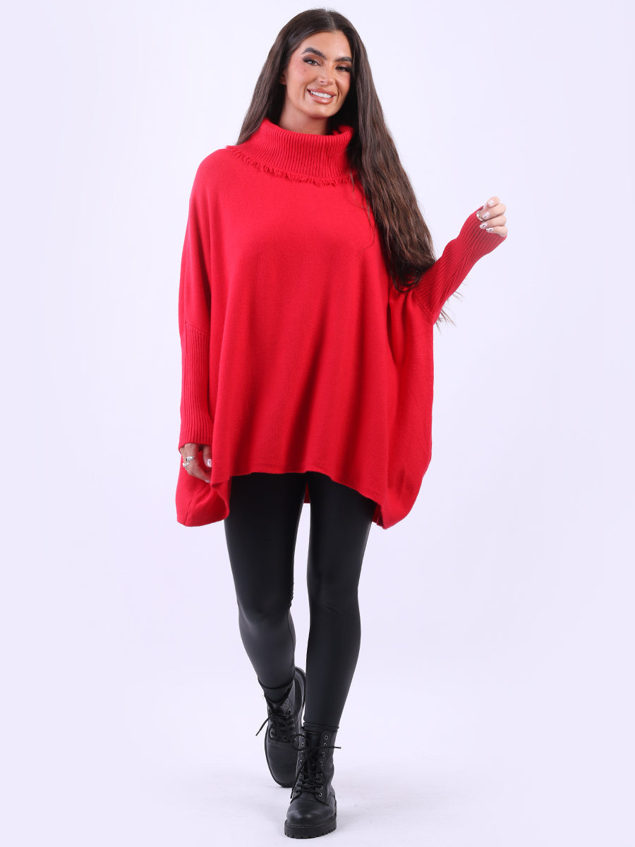 Cowl Neck Batwing Knitted Poncho Red