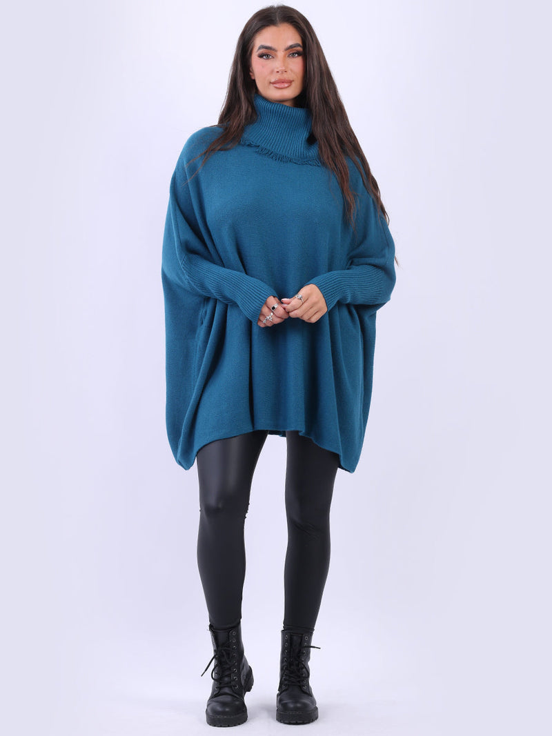 Cowl Neck Batwing Knitted Poncho Teal