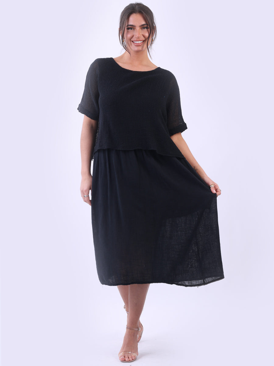 Mesh Net Cotton Midi Dress Black