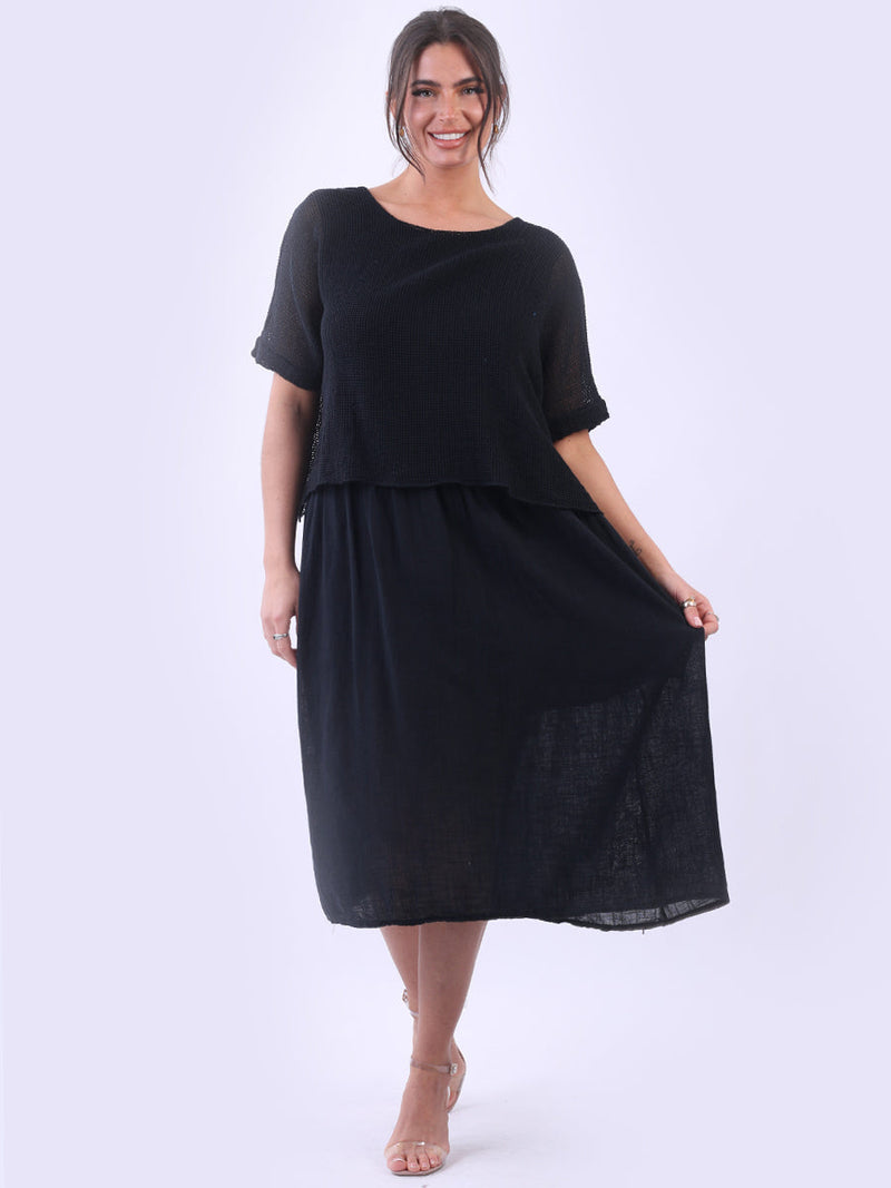 Mesh Net Cotton Midi Dress Black