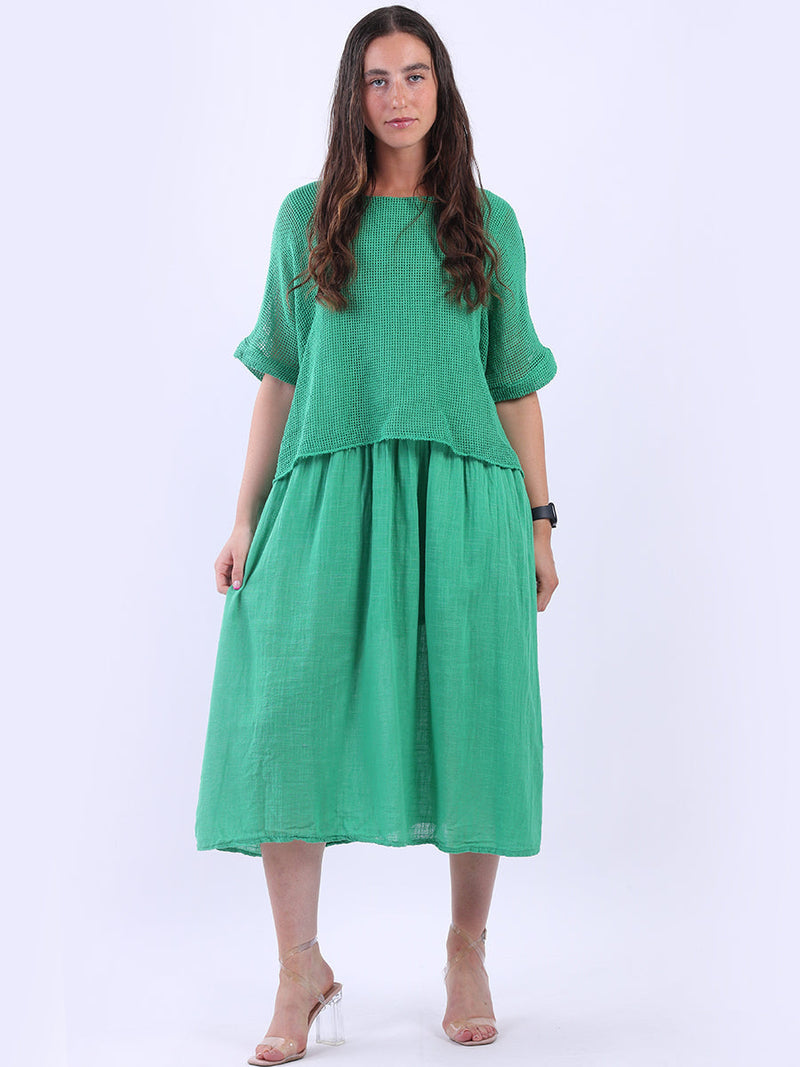 Mesh Net Cotton Midi Dress Green
