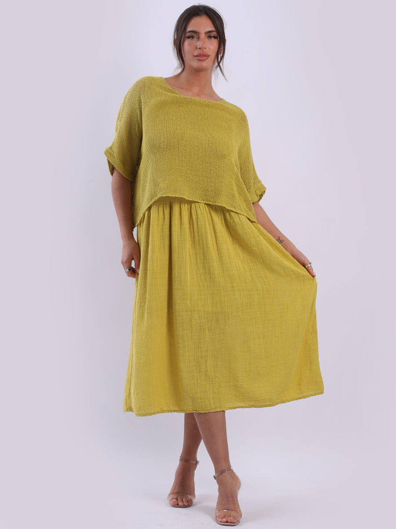 Mesh Net Cotton Midi Dress Mustard