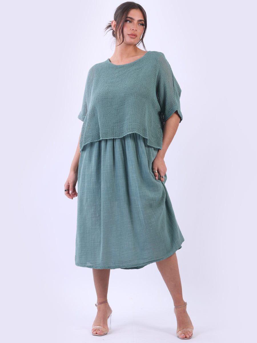 Mesh Net Cotton Midi Dress Ocean Blue