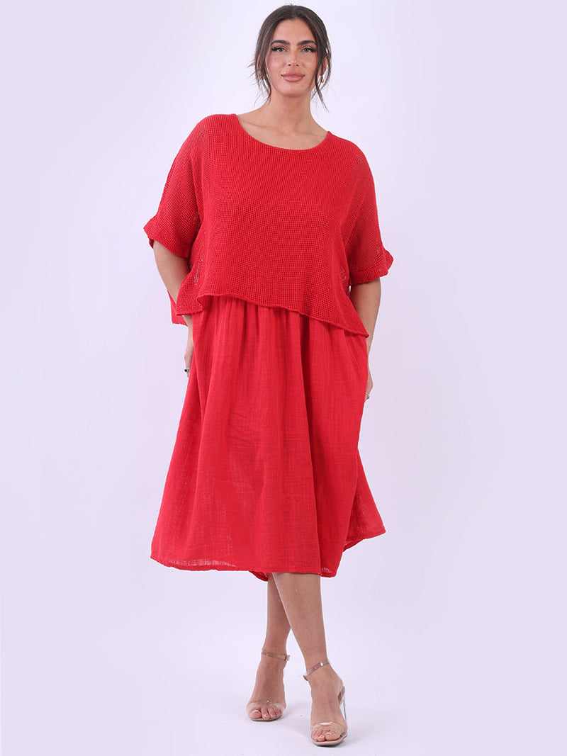 Mesh Net Cotton Midi Dress Red
