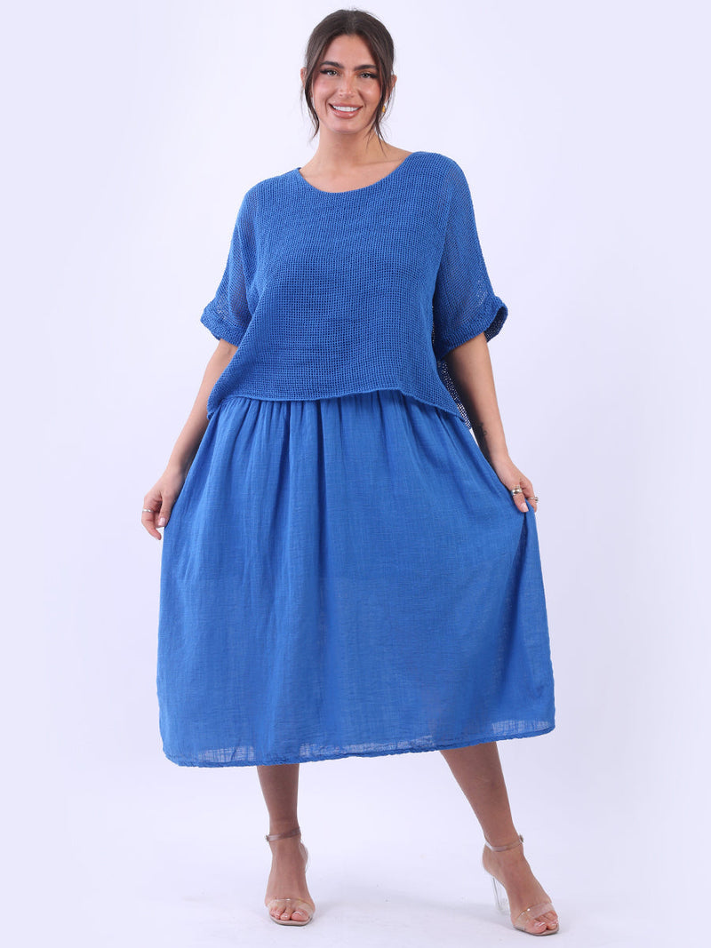 Mesh Net Cotton Midi Dress Royal Blue