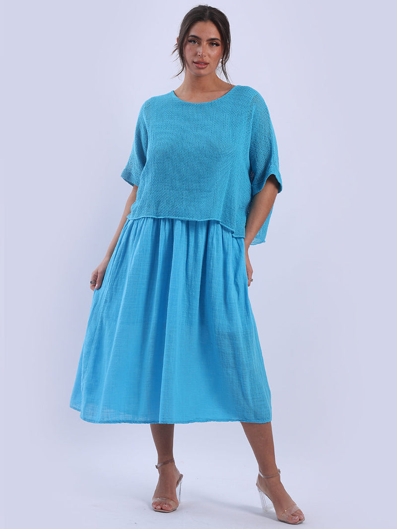Mesh Net Cotton Midi Dress Turquoise