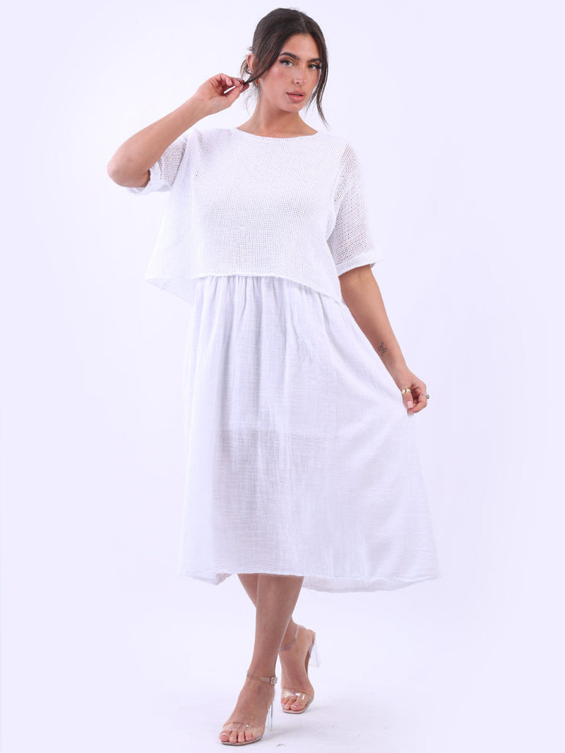 Mesh Net Cotton Midi Dress White