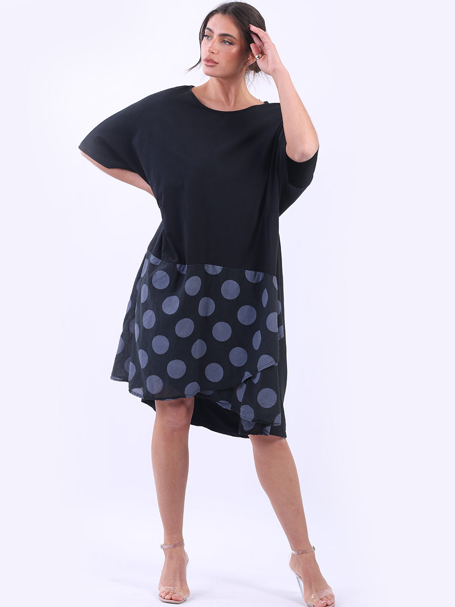 Polka Dot Contrast Cotton Dress Black