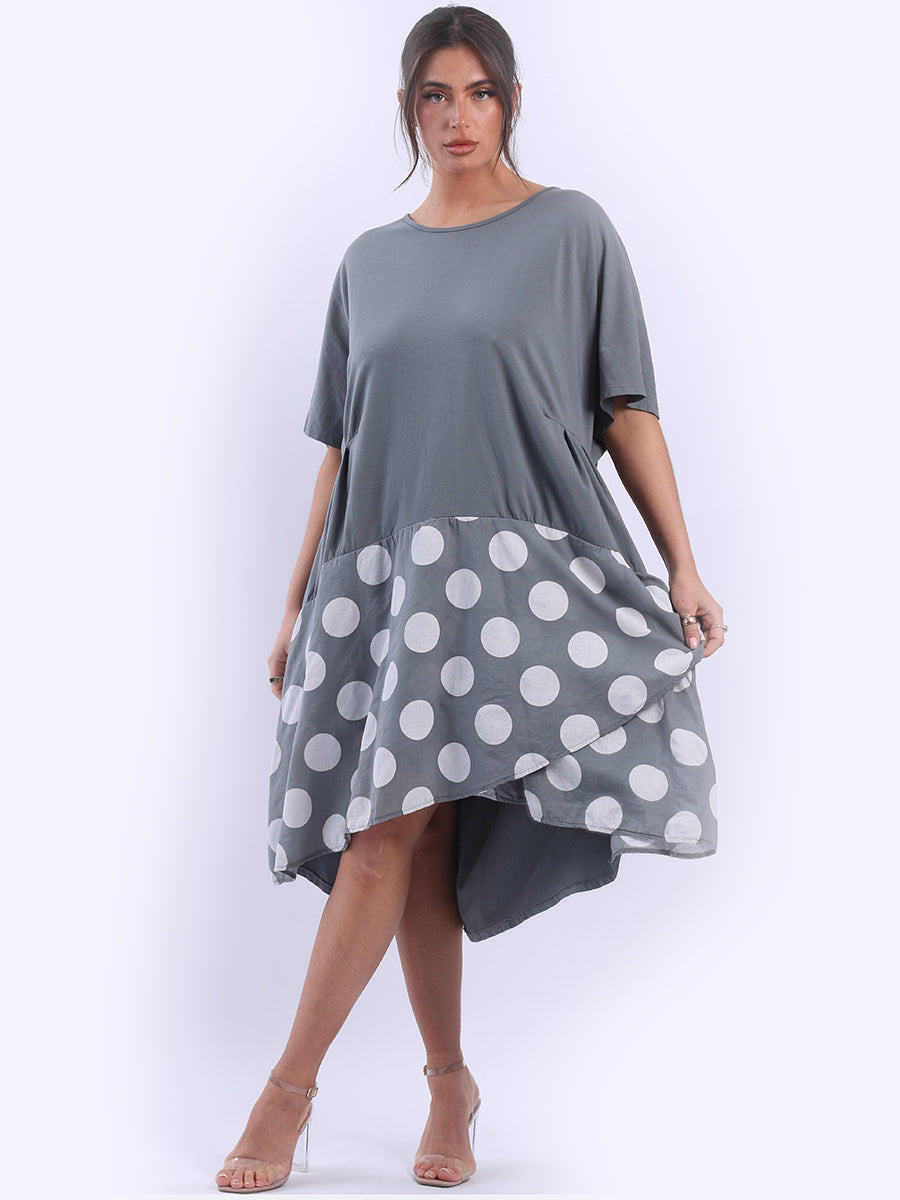 Polka Dot Contrast Cotton Dress Grey