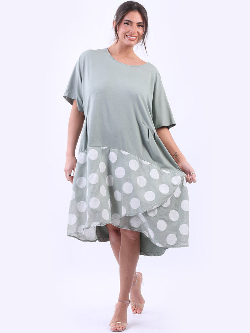 Polka Dot Contrast Cotton Dress khaki