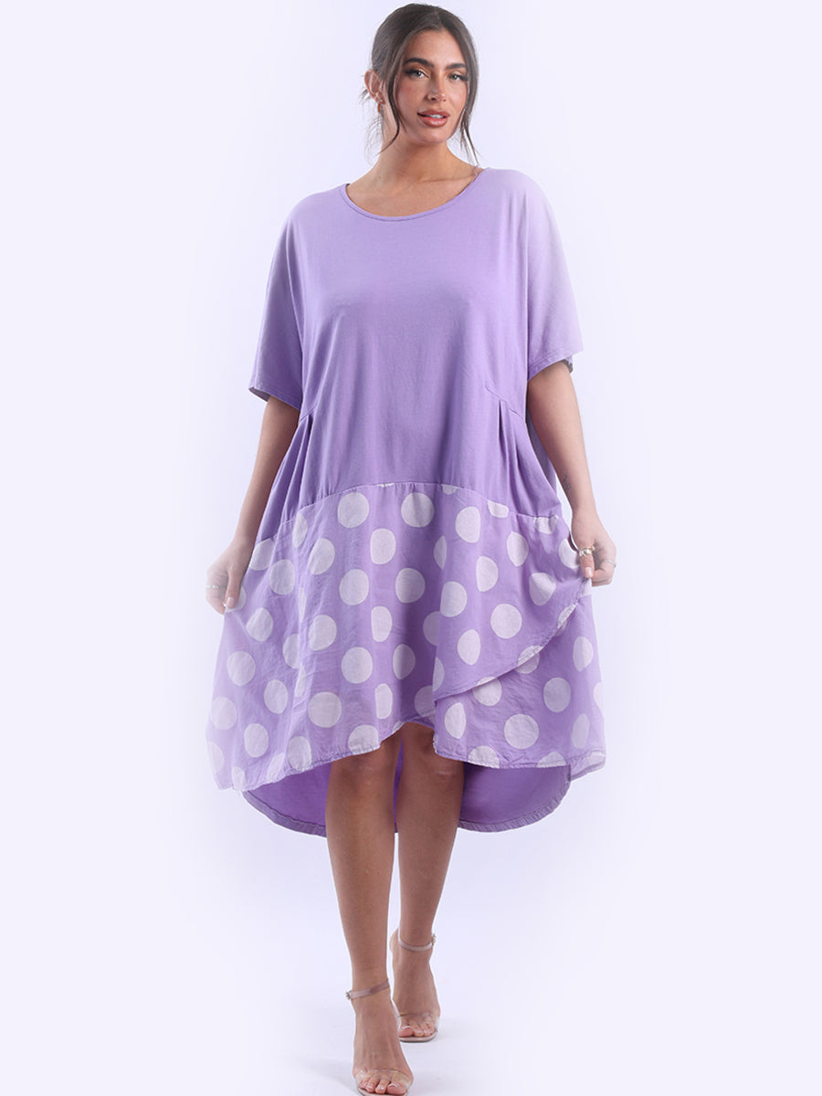 Polka Dot Contrast Cotton Dress Lilac