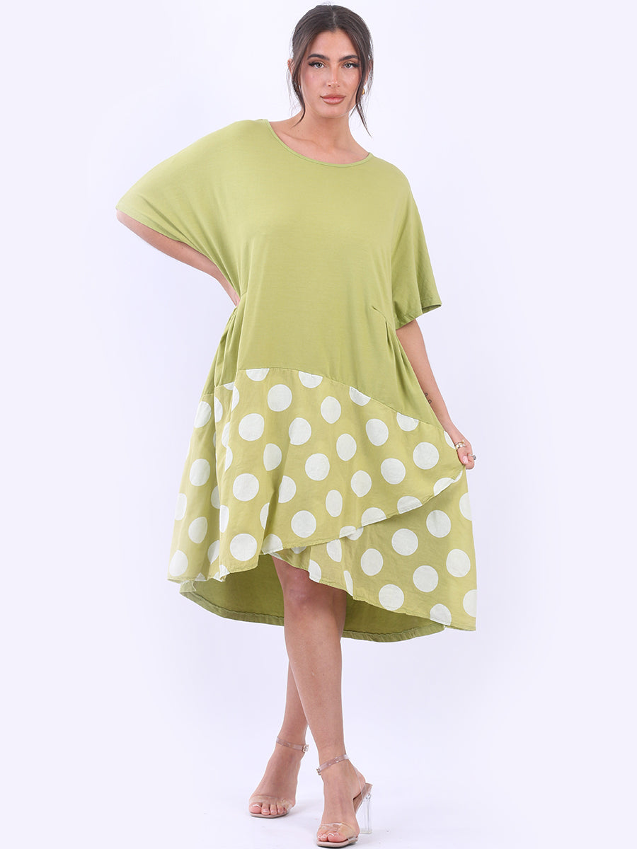 Polka Dot Contrast Cotton Dress Lime Green