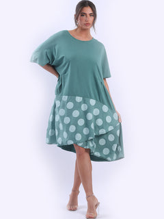 Polka Dot Contrast Cotton Dress Ocean Blue