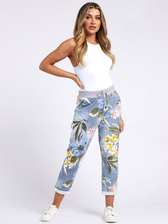 Floral Cotton Joggers Light Denim