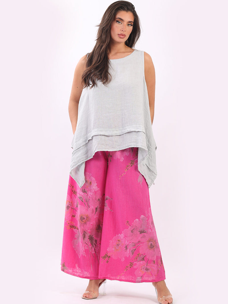 Floral Linen Palazzo Pant Fuchsia
