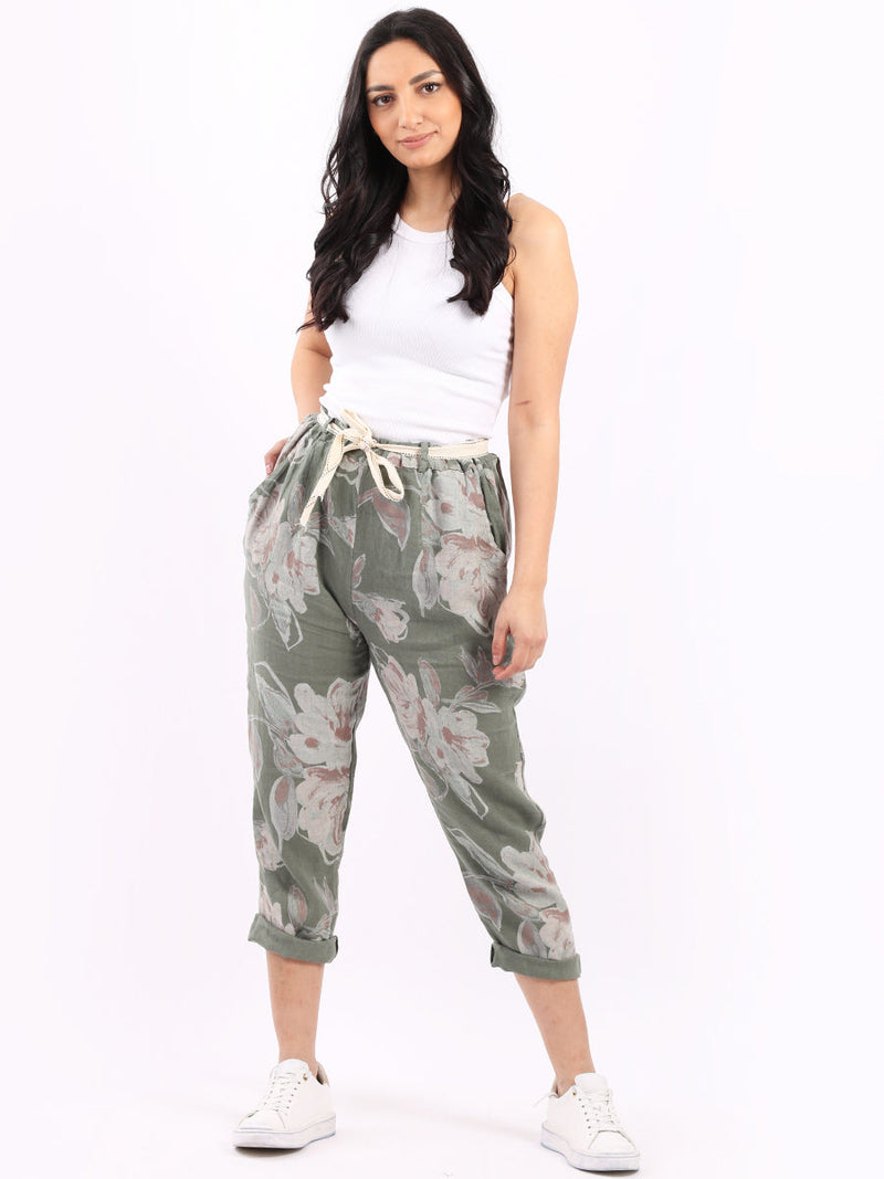 Floral Print Ladies Linen Trouser Khaki