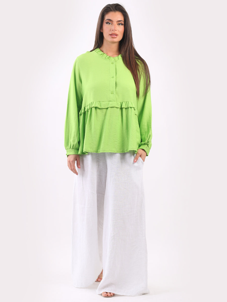 Ladies Ruffle Peplum Tunic Top Lime Green