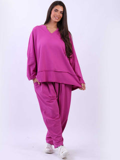 Raw Edge Baggy Cotton Sweat Top Fuchsia