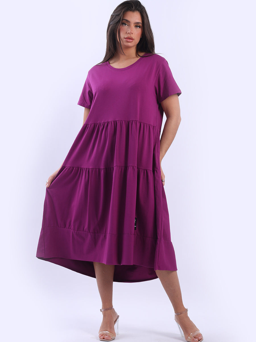 Oversized Tiered Cotton Dress Magenta