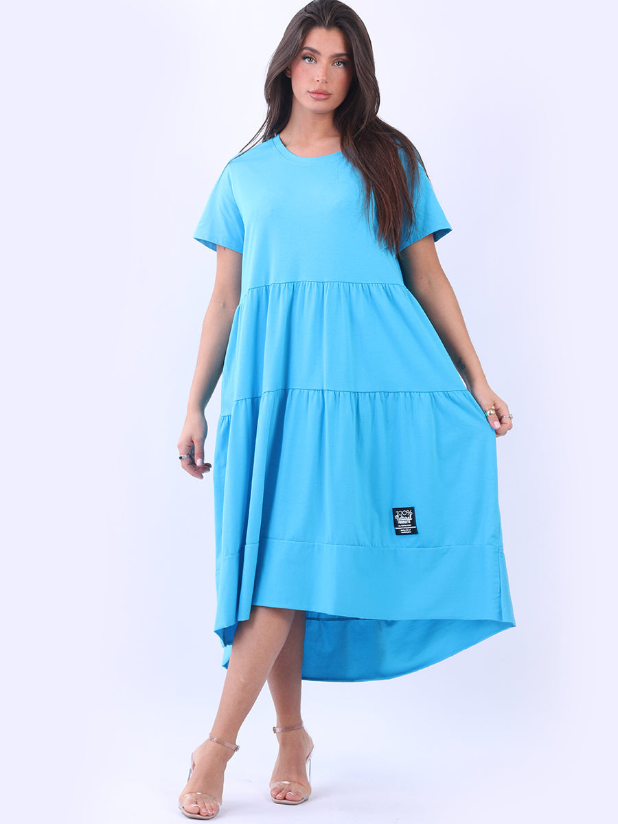 Oversized Tiered Cotton Dress Turquoise