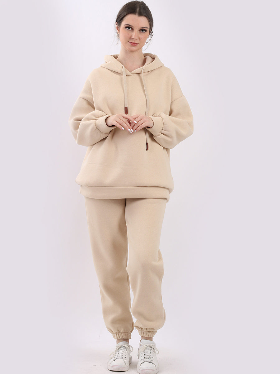 Plain Boxy Fleece Hoodie Beige