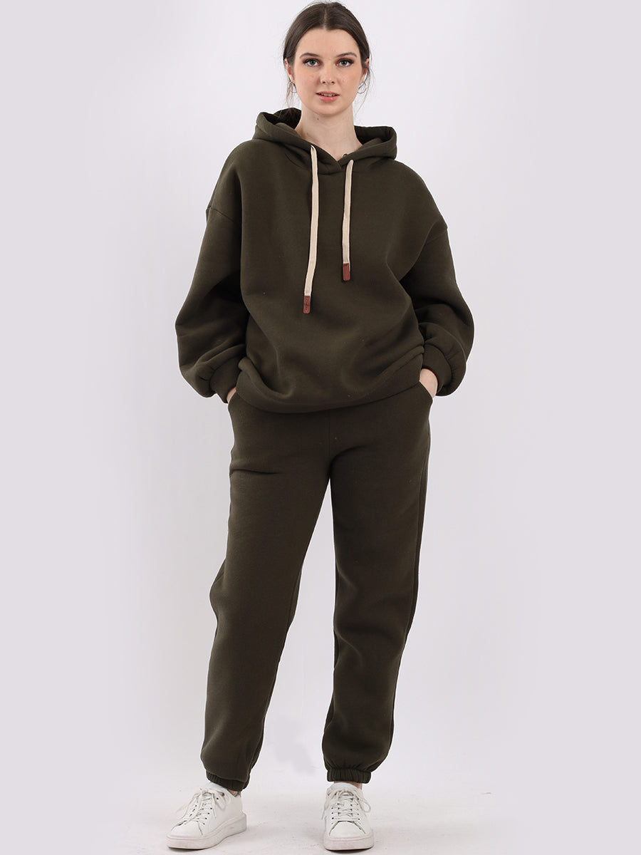 Plain Boxy Fleece Hoodie Khaki