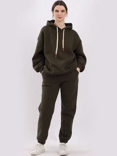Plain Boxy Fleece Hoodie Khaki