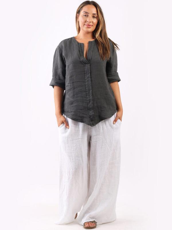 Plain Linen Lagenlook Top Charcoal