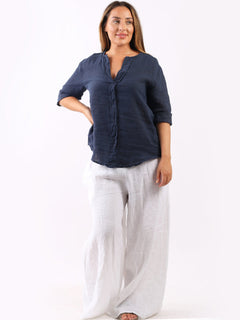 Plain Linen Lagenlook Top Navy
