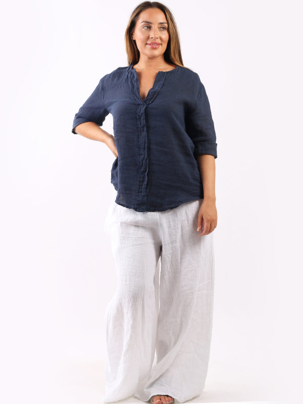Plain Linen Lagenlook Top Navy