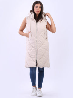 Plus Size Hooded Long Puffer Gilet Beige