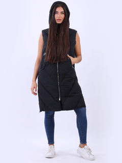 Plus Size Hooded Long Puffer Gilet Black