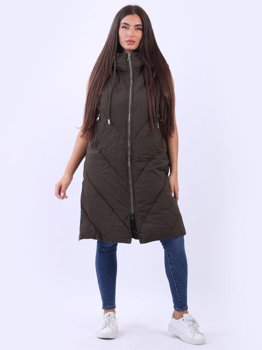 Plus Size Hooded Long Puffer Gilet Khaki