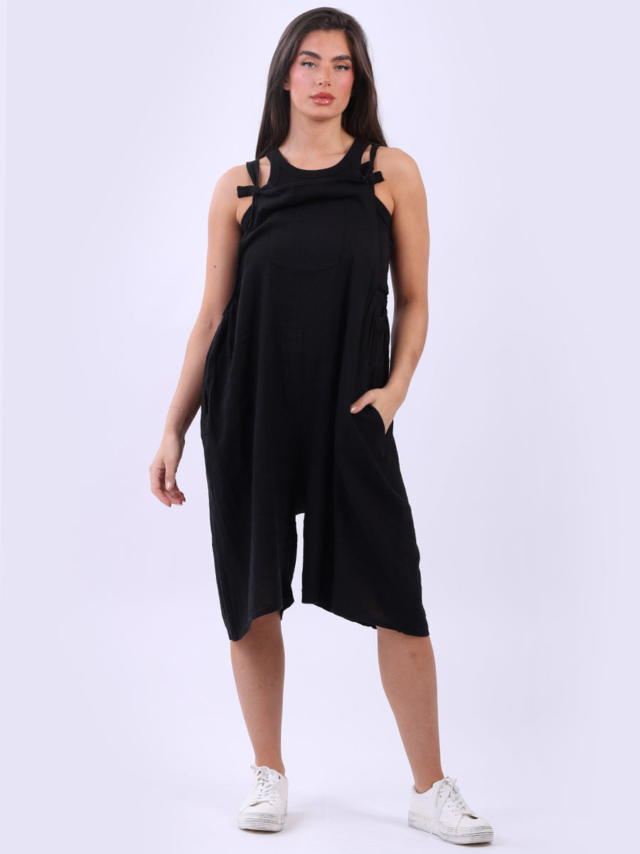  Linen Knotted Straps Playsuit Black