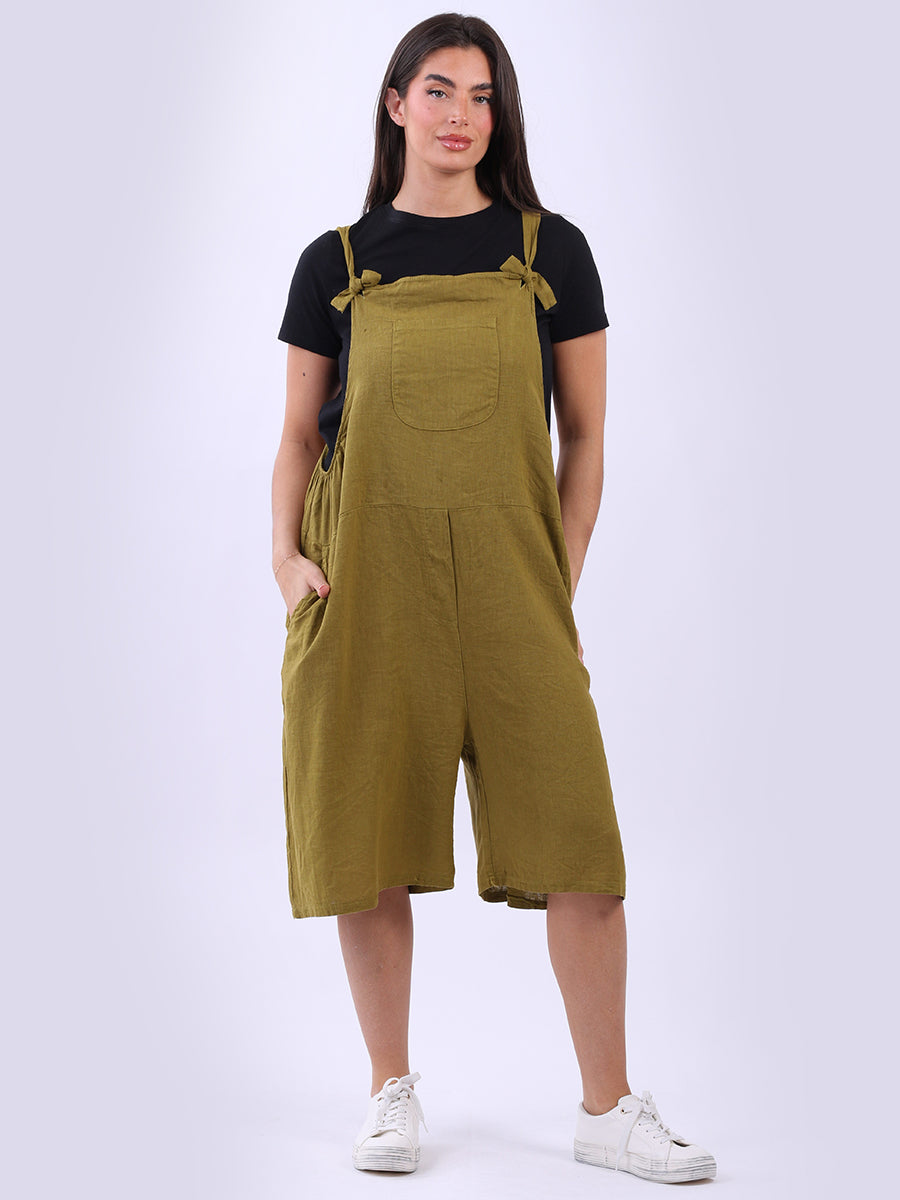  Linen Knotted Straps Playsuit Olive