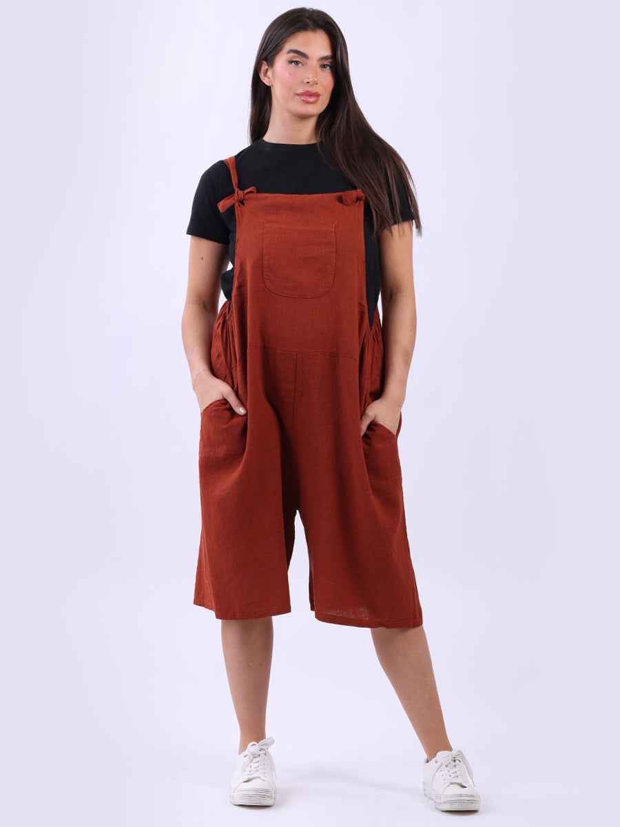  Linen Knotted Straps Playsuit Rust