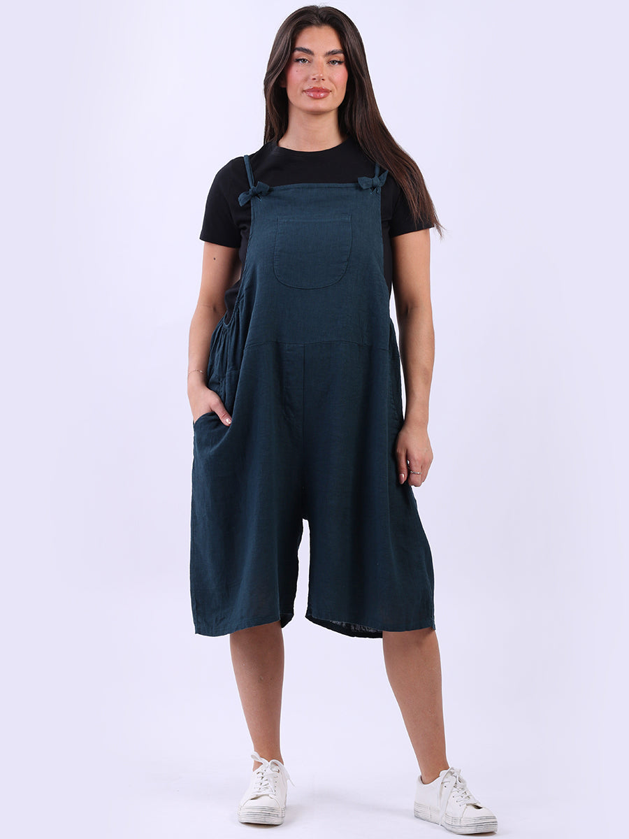 Linen Knotted Straps Playsuit Teal