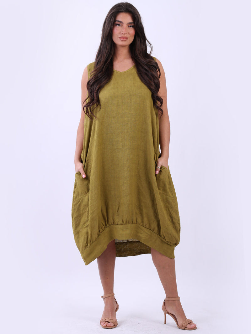 Linen Sleeveless Tank Dress Olive