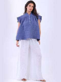 Linen Lagenlook Ruffle Blouse Denim